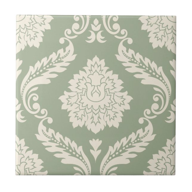 Rococo Damask Lg Pattern Cream on Green Ceramic Tile (Front)