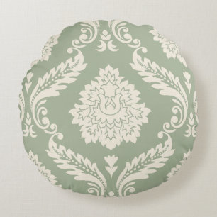Rococo Damask Lg Pattern Cream on Green Round Pillow