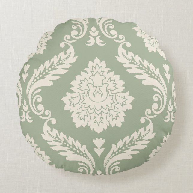 Rococo Damask Lg Pattern Cream on Green Round Pillow (Front)