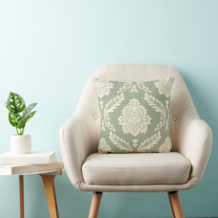 Rococo Damask Lg Pattern Cream on Green Throw Pillow