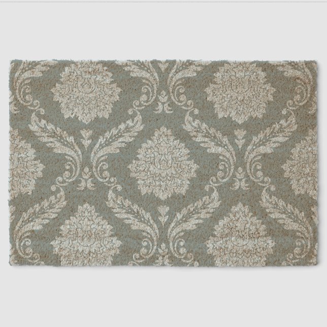 Rococo Damask Lg Pattern Duck Egg Blue+Teal Fiber Doormat (Front)