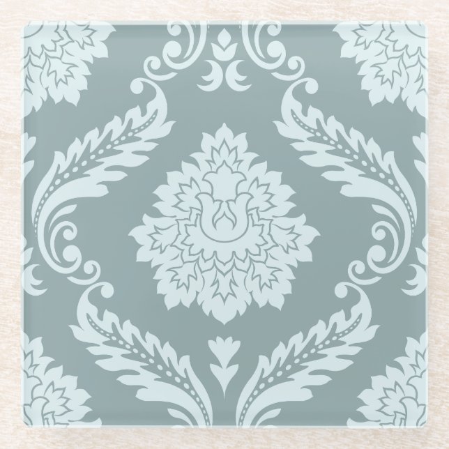 Rococo Damask Lg Pattern Duck Egg Blue+Teal Glass Coaster (Front)