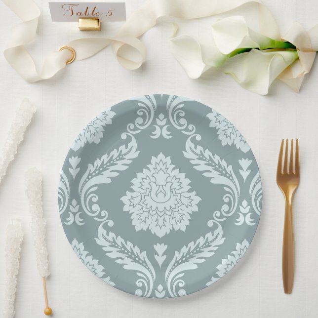 Rococo Damask Lg Pattern Duck Egg Blue+Teal Paper Plates (Wedding)