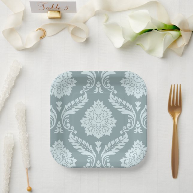 Rococo Damask Lg Pattern Duck Egg Blue+Teal Paper Plates (Wedding)