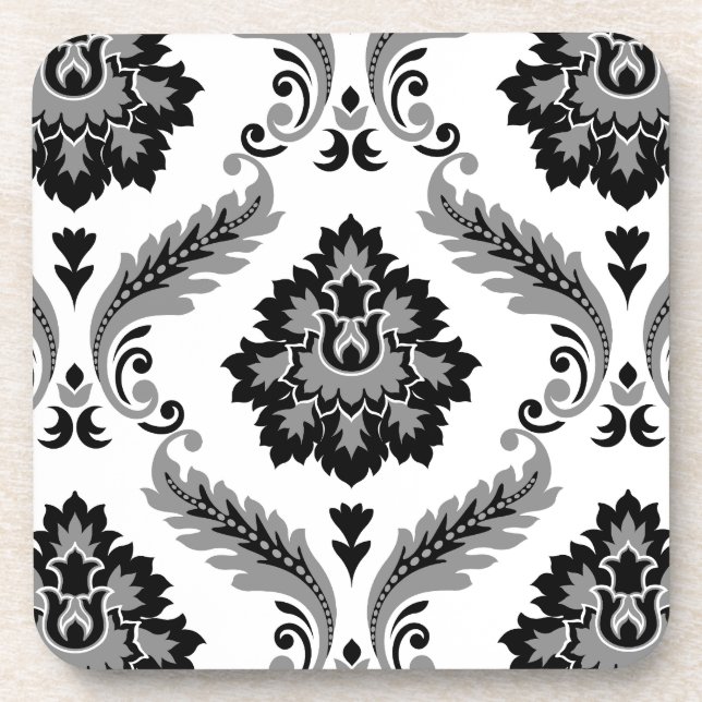 Rococo Damask Lg Pattern Grey Black White Beverage Coaster (Front)