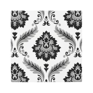 Rococo Damask Lg Pattern Grey Black White Metal Print