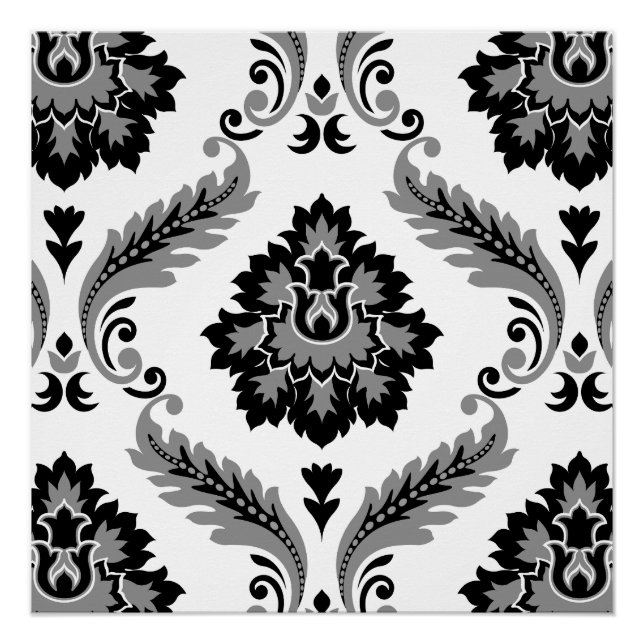 Rococo Damask Lg Pattern Grey Black White Poster (Front)