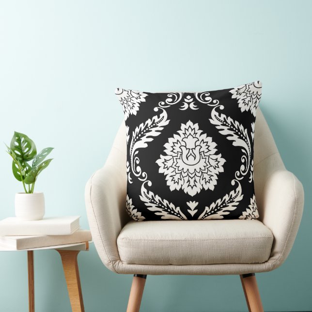 Rococo Damask Lg Pattern White on Black Throw Pillow (Chair)