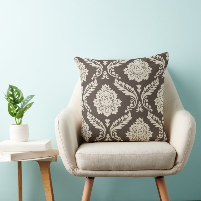 Rococo Damask Off-Set 2Way Pattern Brown+Cream Throw Pillow (Chair)
