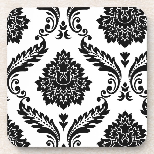 Rococo Damask Off-Set Pattern Black on White Beverage Coaster (Front)