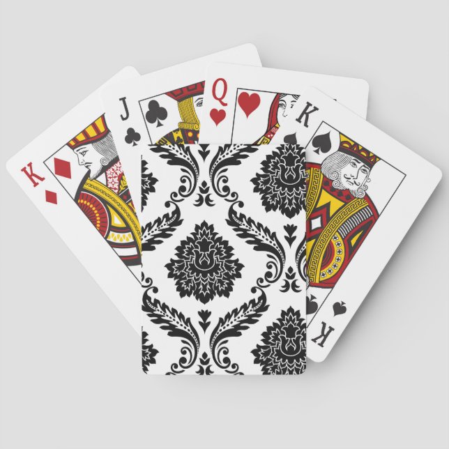 Rococo Damask Off-Set Pattern Black on White Poker Cards (Back)