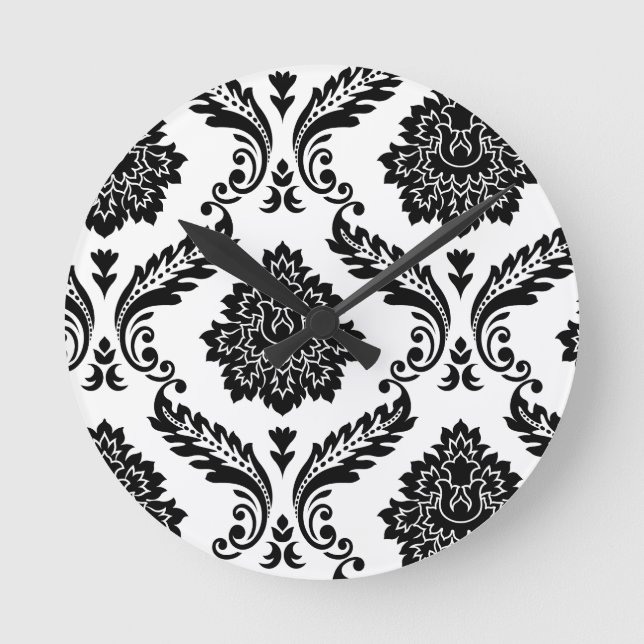 Rococo Damask Off-Set Pattern Black on White Round Clock (Front)