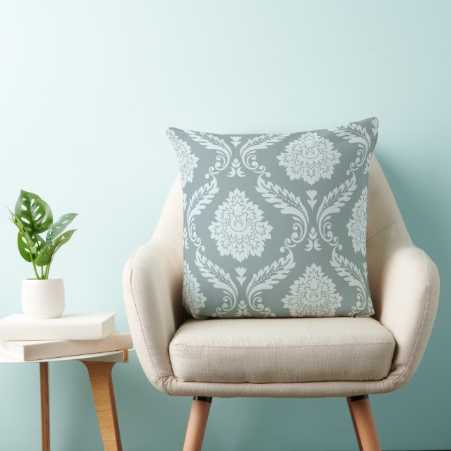Rococo Damask Off-Set Pattern Duck Egg Blue+Teal Throw Pillow (Chair)