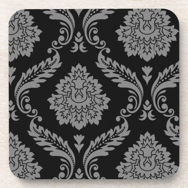Rococo Damask Off-Set Pattern Grey on Black Beverage Coaster (Front)