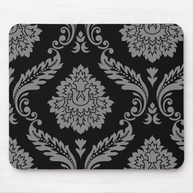 Rococo Damask Off-Set Pattern Grey on Black Mouse Pad (Front)