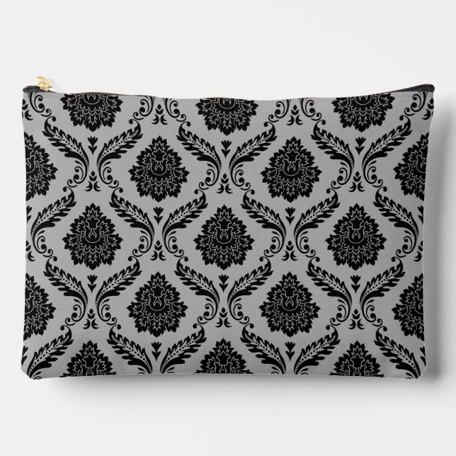 Rococo Damask Pattern Black on Gray Accessory Pouch (Front)