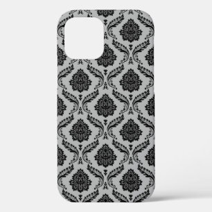 Rococo Damask Pattern Black on Gray iPhone 12 Pro Case