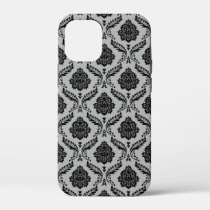 Rococo Damask Pattern Black on Gray iPhone 12 Mini Case
