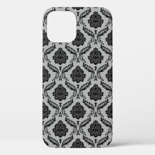 Rococo Damask Pattern Black on Gray iPhone 12 Pro Case