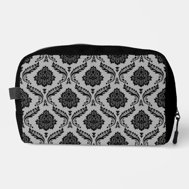 Rococo Damask Pattern Black on Gray Dopp Kit (Front)