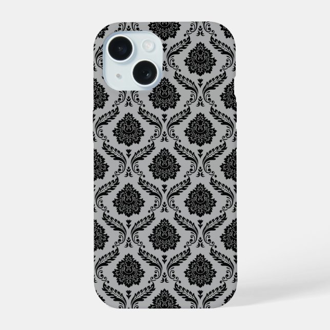 Rococo Damask Pattern Black on Gray iPhone 15 Case (Back)