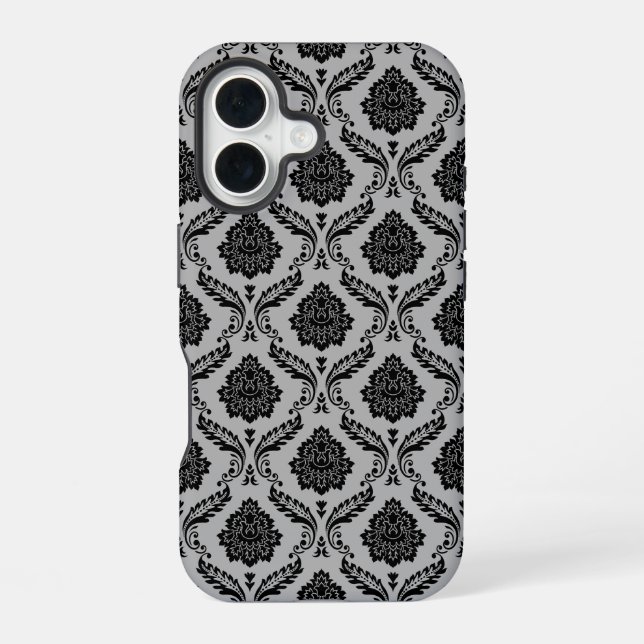 Rococo Damask Pattern Black on Gray iPhone Case (Back)