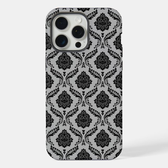 Rococo Damask Pattern Black on Gray iPhone Case (Back)