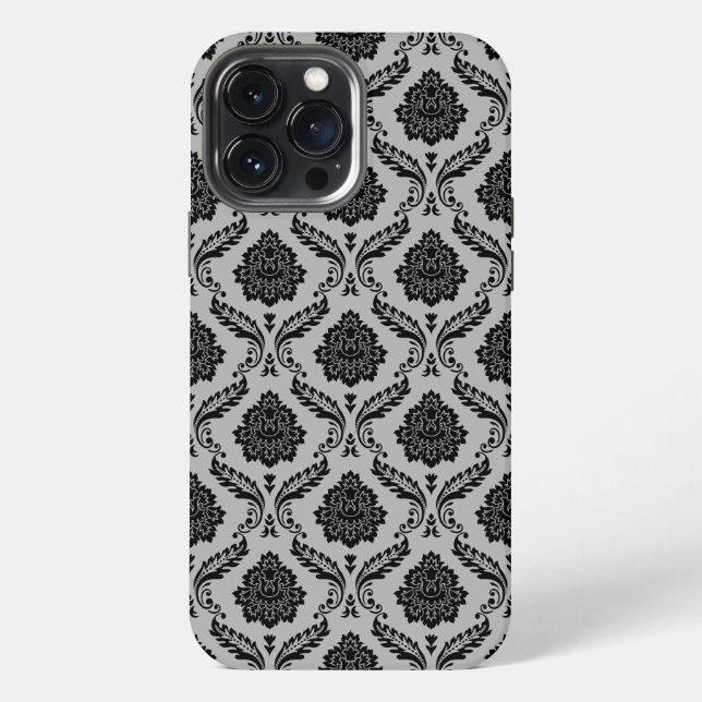 Rococo Damask Pattern Black on Gray iPhone Case (Back)