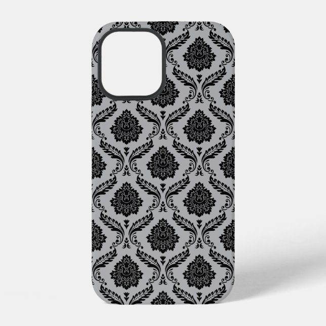 Rococo Damask Pattern Black on Gray iPhone Case (Back)