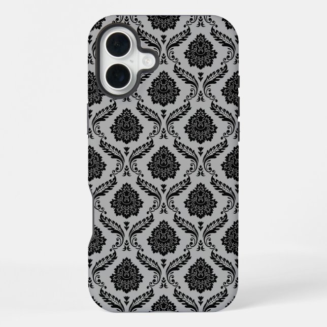 Rococo Damask Pattern Black on Gray iPhone Case (Back)
