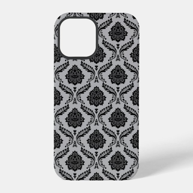 Rococo Damask Pattern Black on Gray iPhone Case (Back)