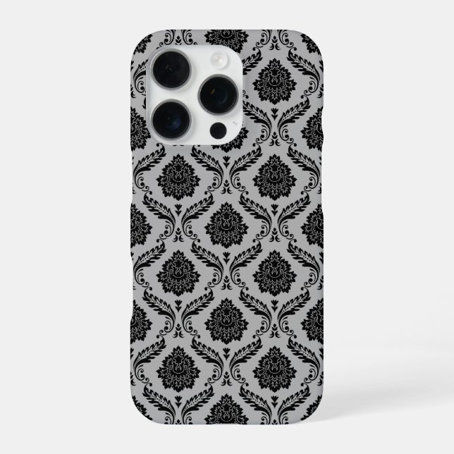 Rococo Damask Pattern Black on Gray iPhone Case (Back)