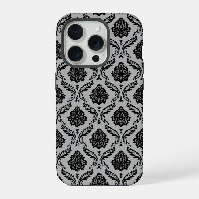Rococo Damask Pattern Black on Gray iPhone Case (Back)