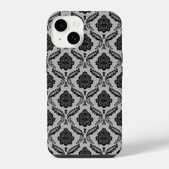 Rococo Damask Pattern Black on Gray iPhone Case (Back)