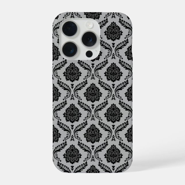 Rococo Damask Pattern Black on Gray iPhone Case (Back)