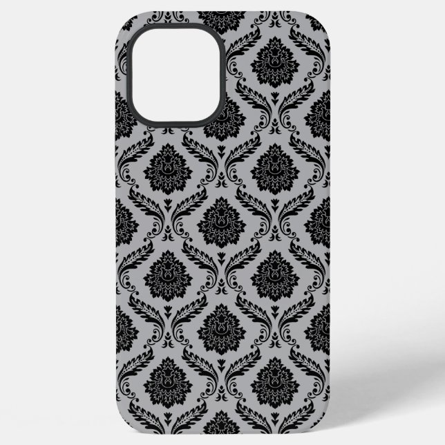 Rococo Damask Pattern Black on Gray iPhone Case (Back)