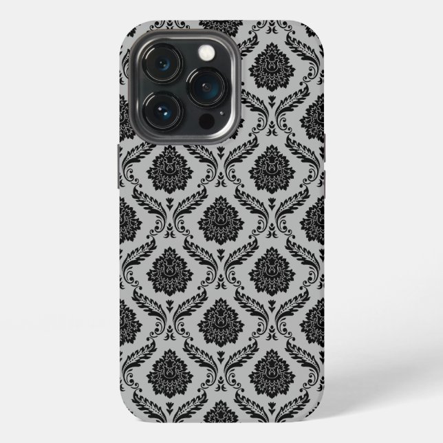 Rococo Damask Pattern Black on Gray iPhone Case (Back)