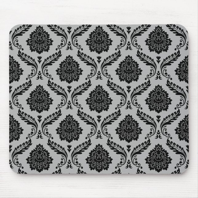 Rococo Damask Pattern Black on Gray Mouse Pad (Front)