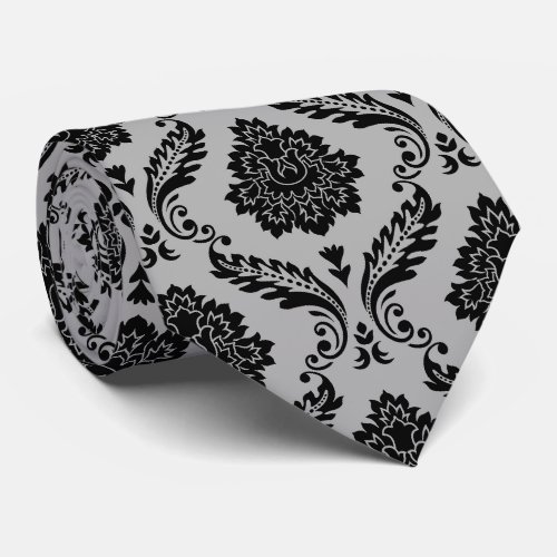 Rococo Damask Pattern Black on Gray Neck Tie