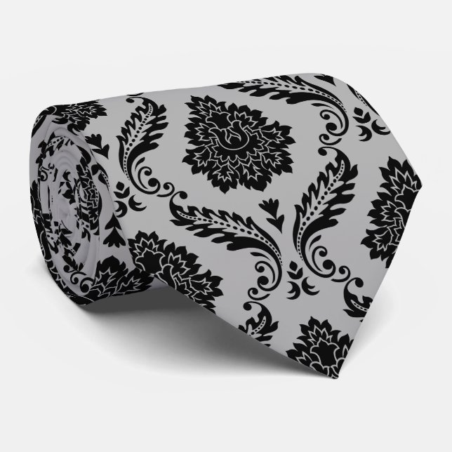 Rococo Damask Pattern Black on Gray Neck Tie (Rolled)