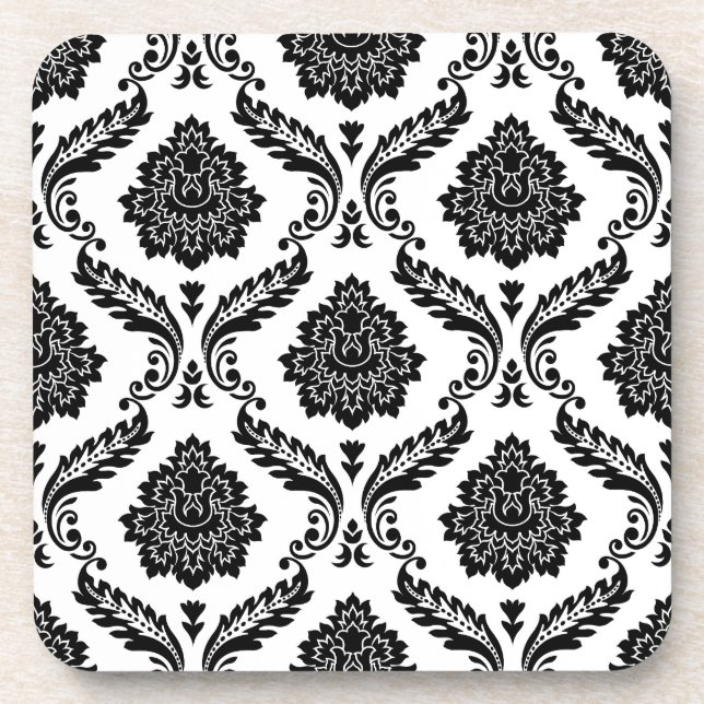 Rococo Damask Pattern Black on White Beverage Coaster (Front)