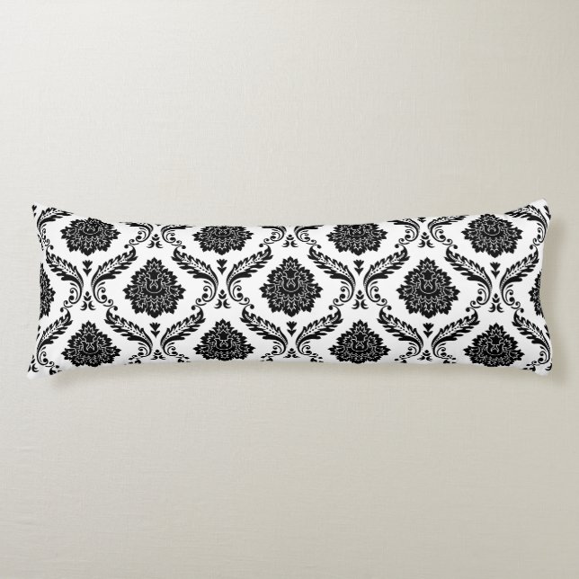 Rococo Damask Pattern Black on White Body Pillow (Front)