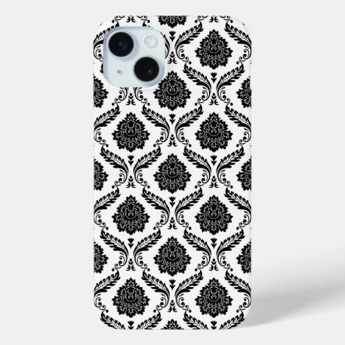 Rococo Damask Pattern Black on White iPhone 15 Plus Case