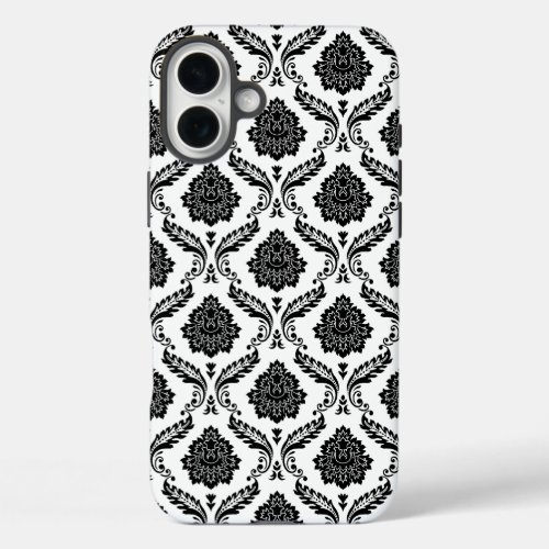 Rococo Damask Pattern Black on White iPhone 16 Plus Case