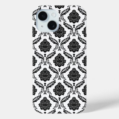 Rococo Damask Pattern Black on White iPhone 15 Case