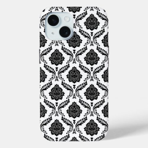 Rococo Damask Pattern Black on White iPhone 15 Case