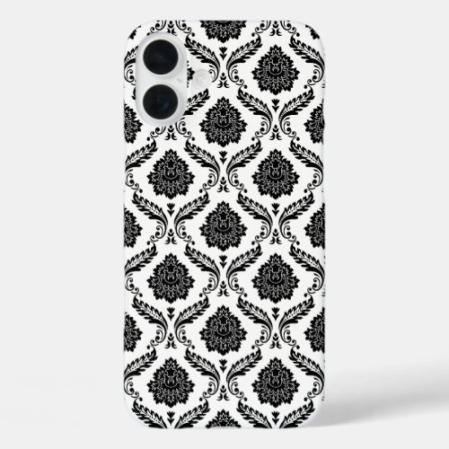 Rococo Damask Pattern Black on White iPhone 16 Plus Case