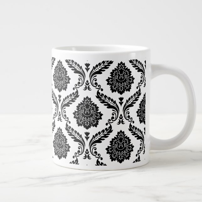 Rococo Damask Pattern Black on White Giant Coffee Mug (Right)