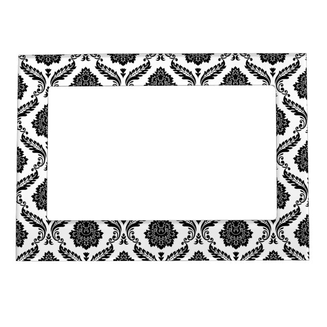 Rococo Damask Pattern Black on White Magnetic Frame (Front)
