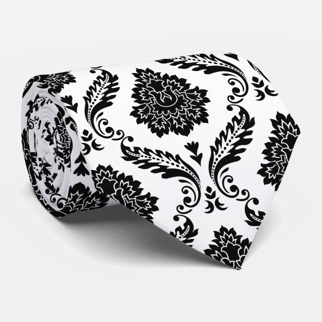 Rococo Damask Pattern Black on White Neck Tie (Rolled)